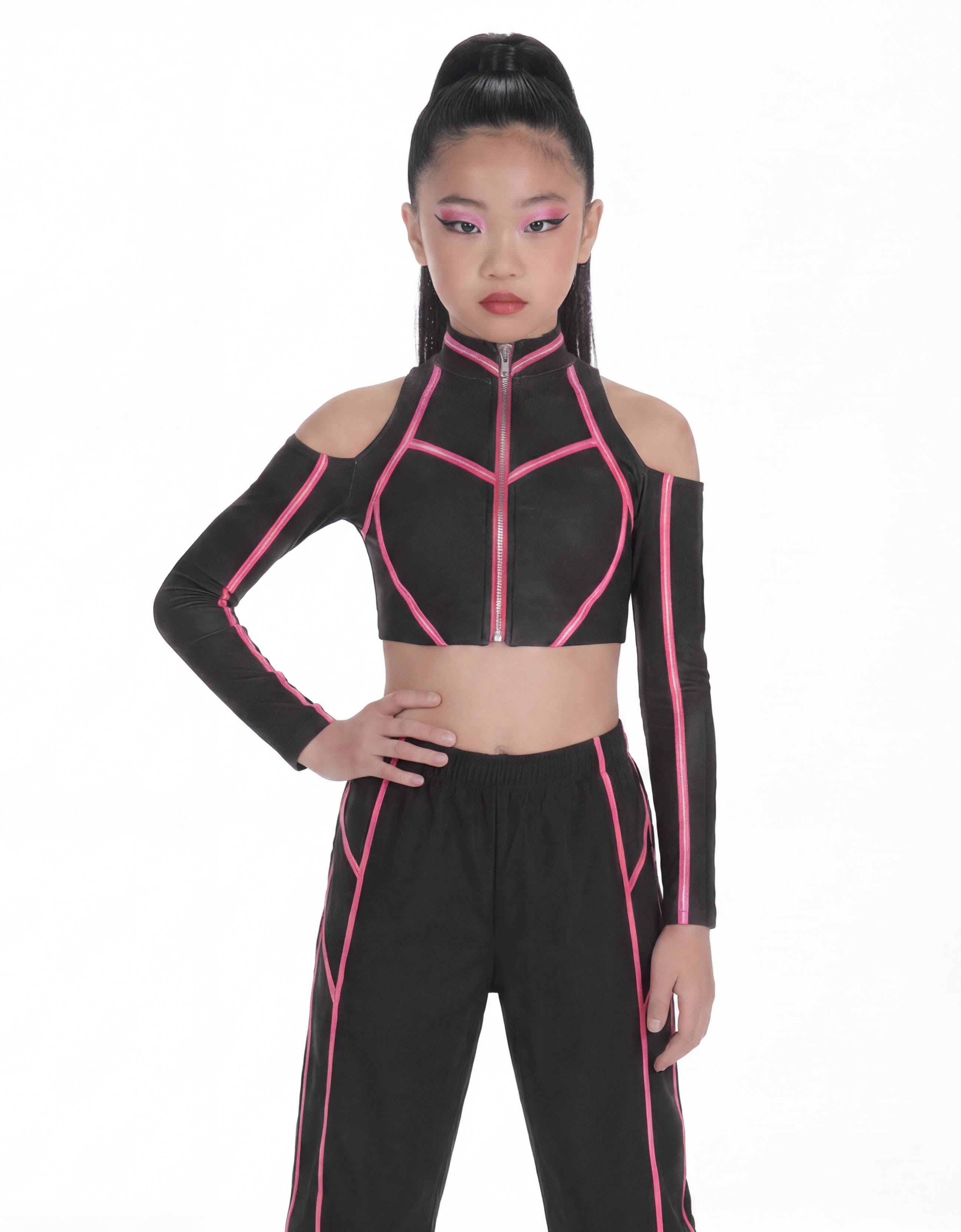 BlackPink Full Zip Front LS TNeck Cold Shoulder Crop Top