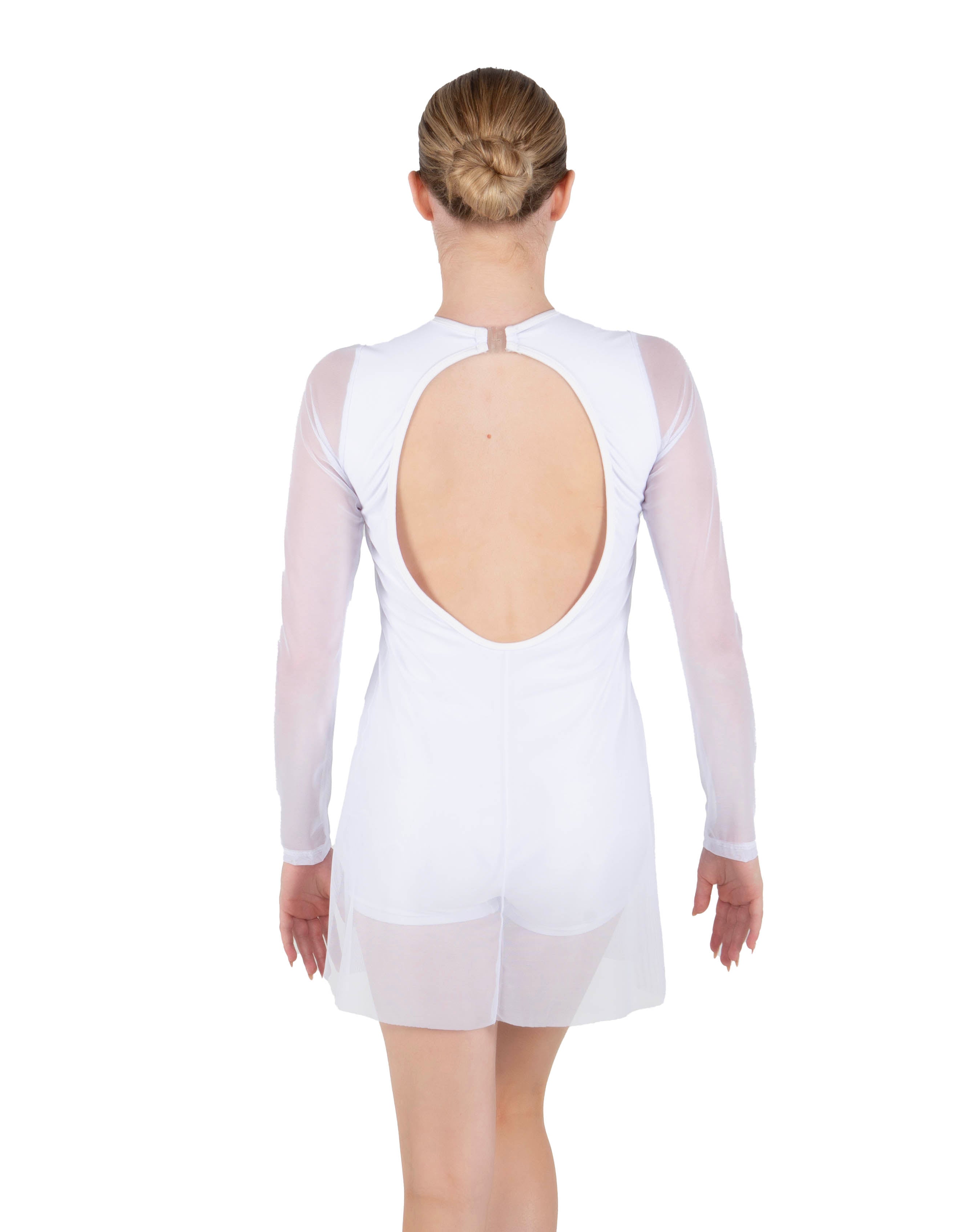 Solid Mesh and Lycra LS Round Neck Dress with Open Back and Side Slits w/biketard