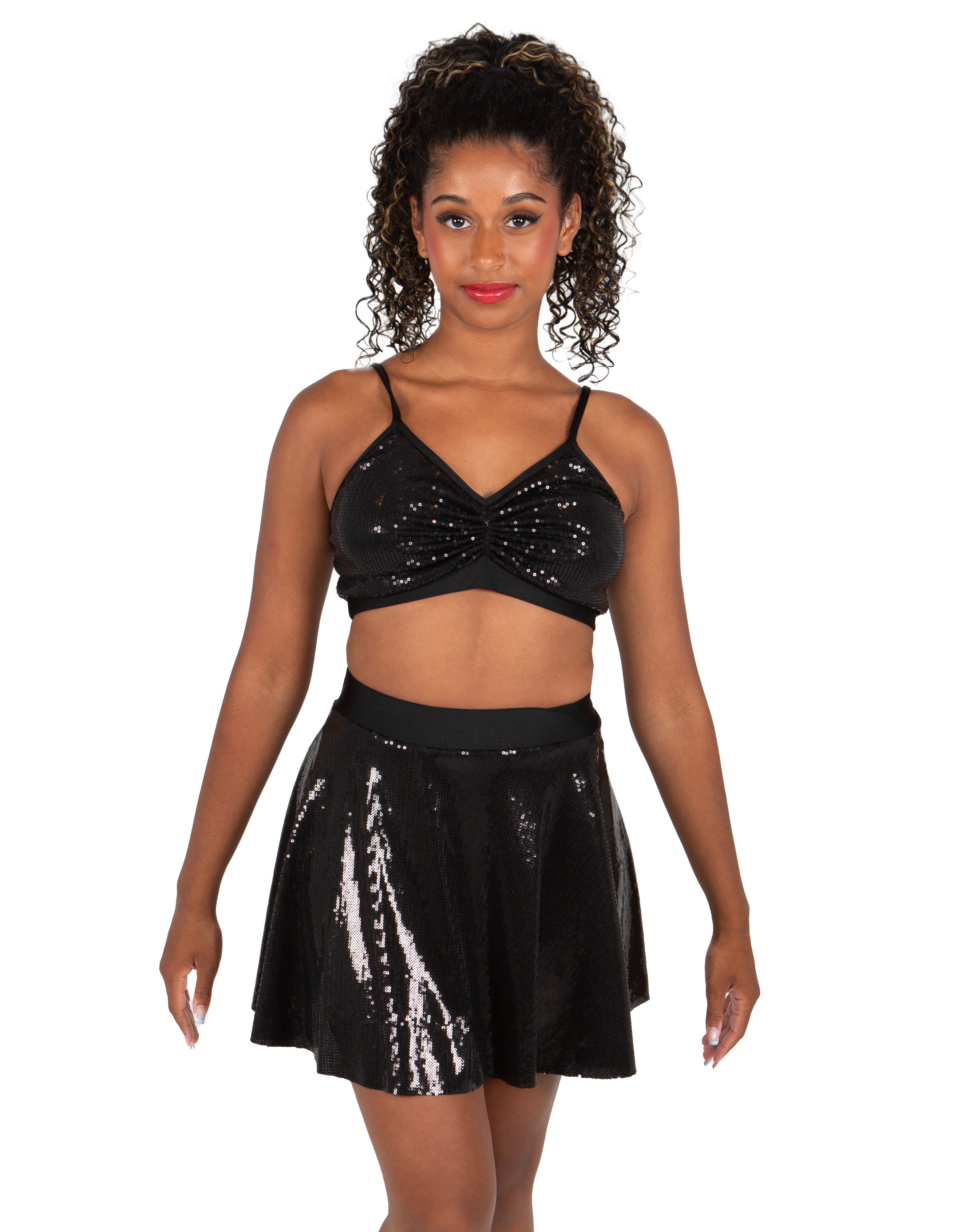 Liquid - Black Flat Sequin Skater Skirt with Waistband
