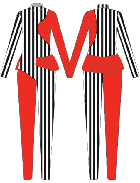 Custom Red and Stripes LS Tneck Zipper Back Unitard with Three Quarter Peplum