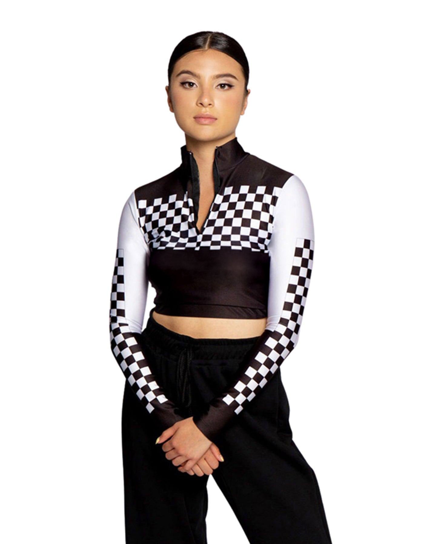 Top corto Checkers LS con cerniera frontale