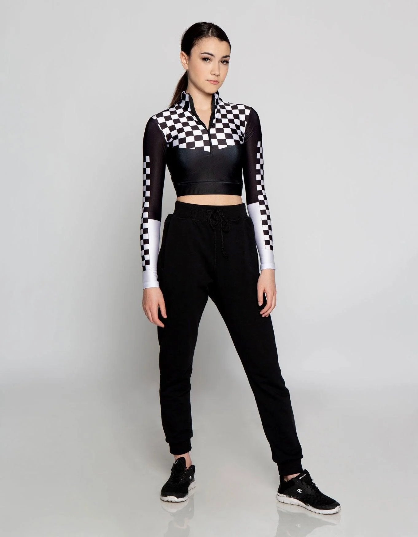 Custom Checkers Yoke LS Tneck Zipper Front Crop Top