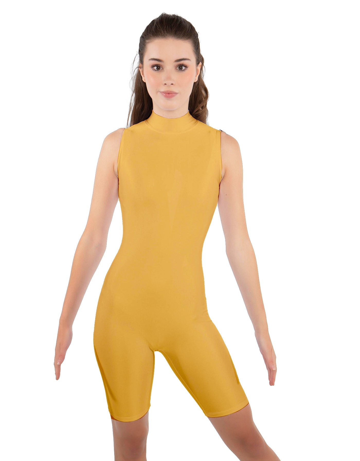 Solid Lycra T Neck Sleeveless Biketard - Bike Short Length - Zipper Back