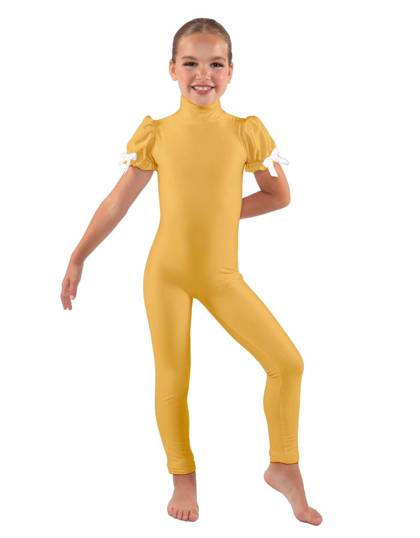 Solid Lycra Puff Sleeve Zipper Back Unitard